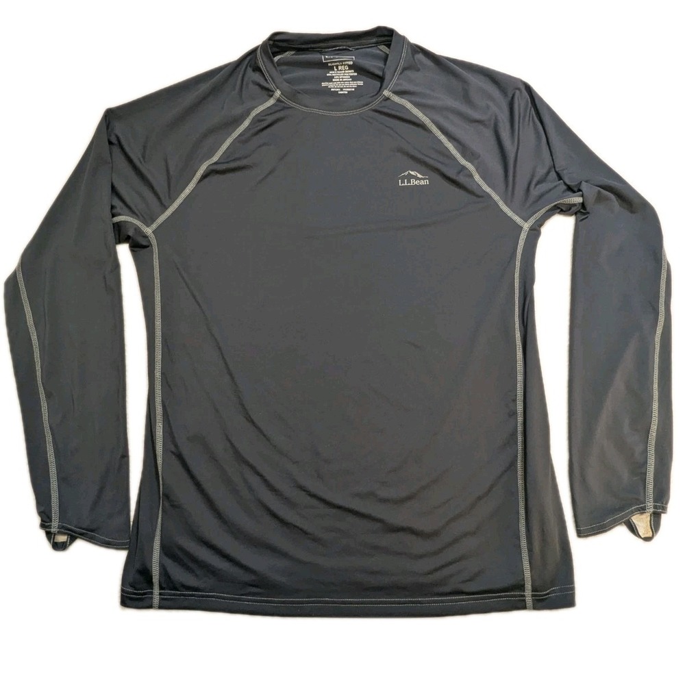 L.L.Bean Mens Large Base Layer Shirt Thumb Loop Zip Pocket Stretch Blue Gray L